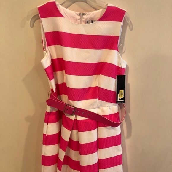 NWT LESLIE FAY 𝅺Hot Pink & White Fit & Flare Dress - Picture 1 of 5